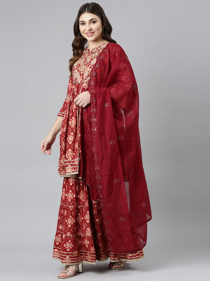 Neerus Maroon printed sharara set straight kurta with dupatta - detail view 2