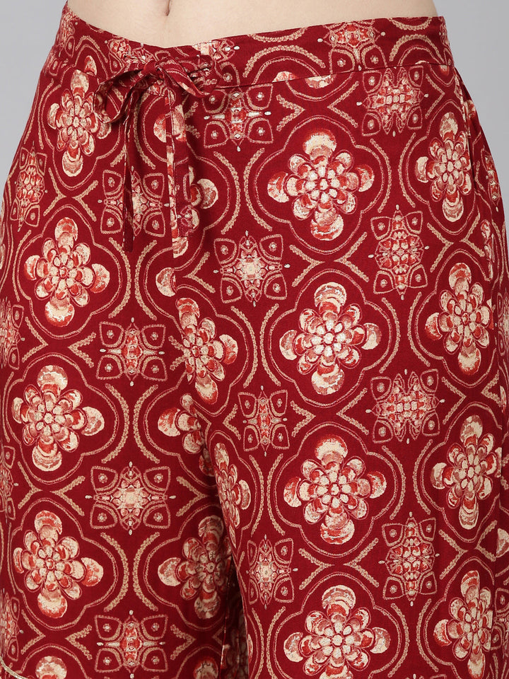 Neerus Maroon printed sharara set straight kurta with dupatta - detail view 3