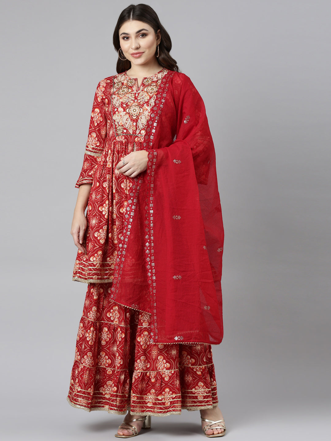 Neerus Red printed straight sharara set with dupatta - front view