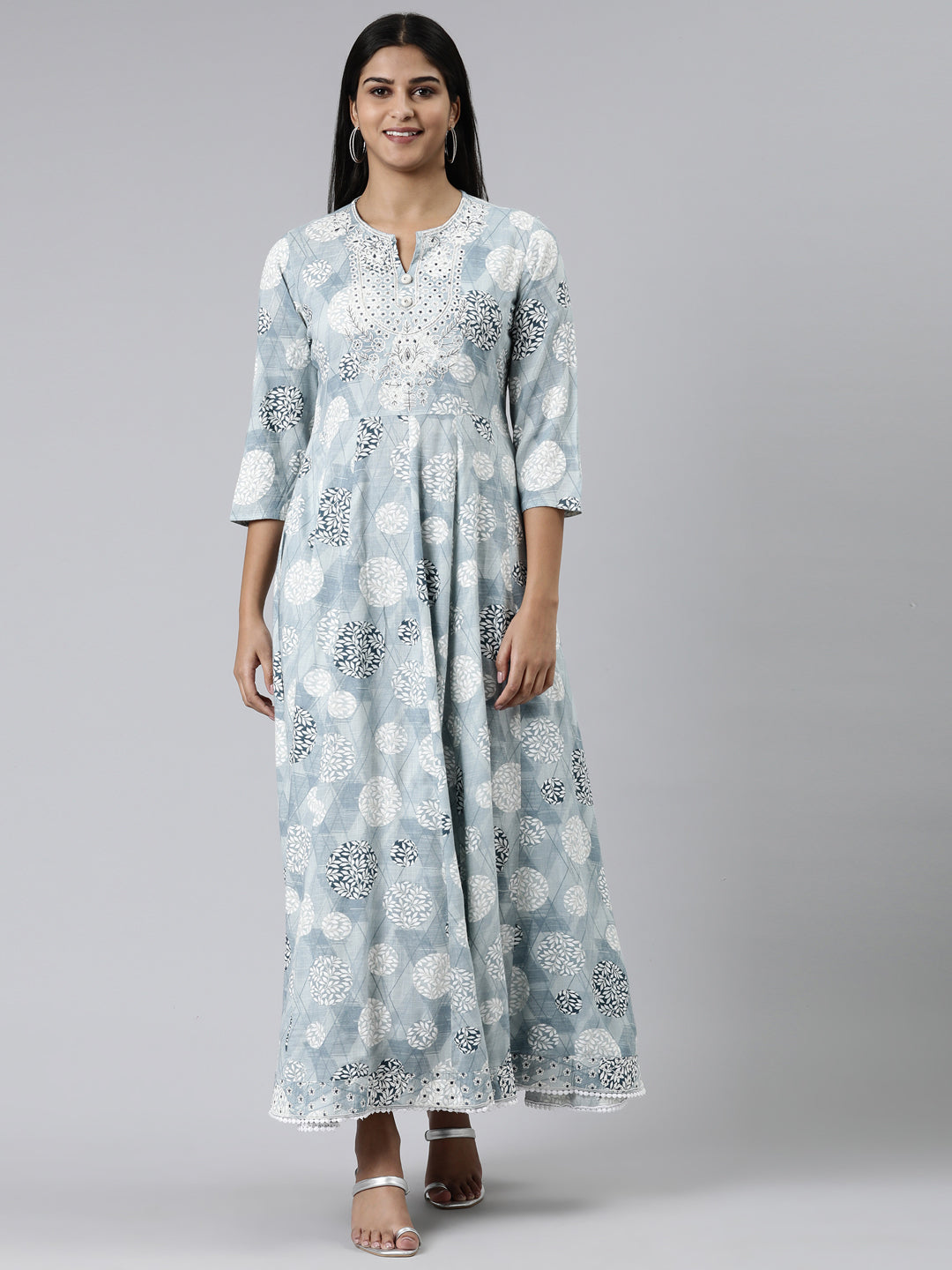 Neerus Grey viscose rayon printed kurti straight silhouette - front view