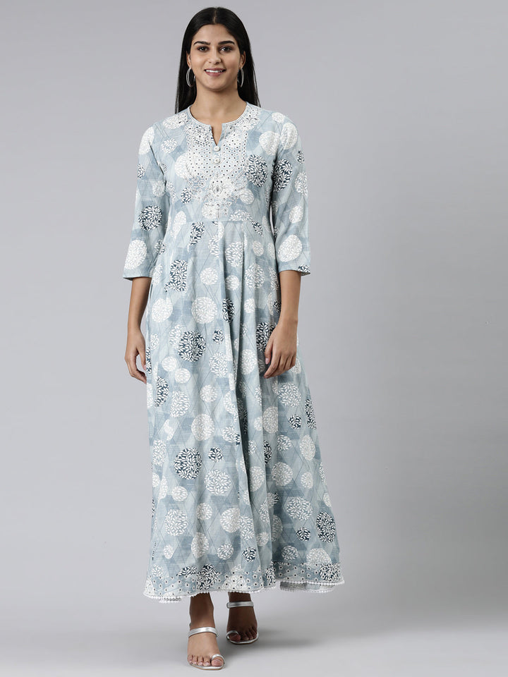 Neerus Grey viscose rayon printed kurti straight silhouette - front view
