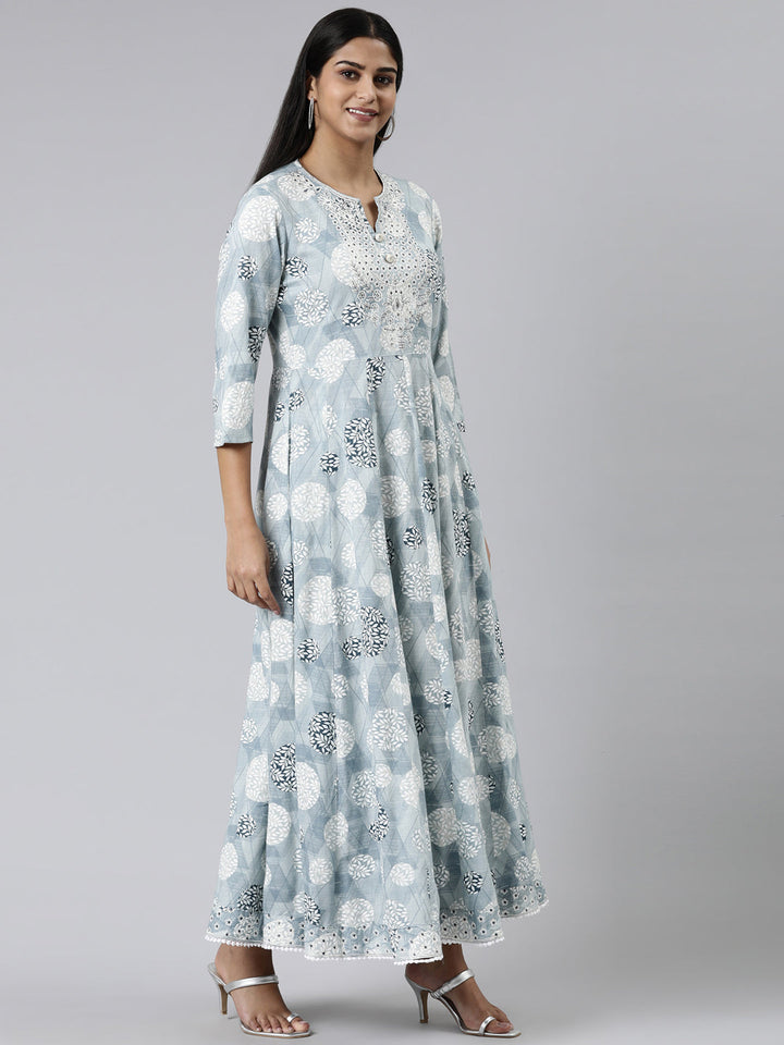 Neerus Grey viscose rayon printed kurti straight silhouette - back view
