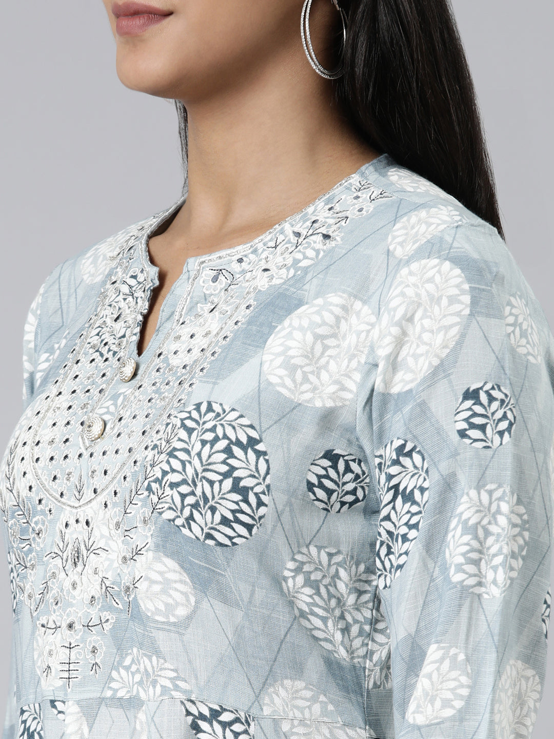Neerus Grey viscose rayon printed kurti straight silhouette - detail view 1