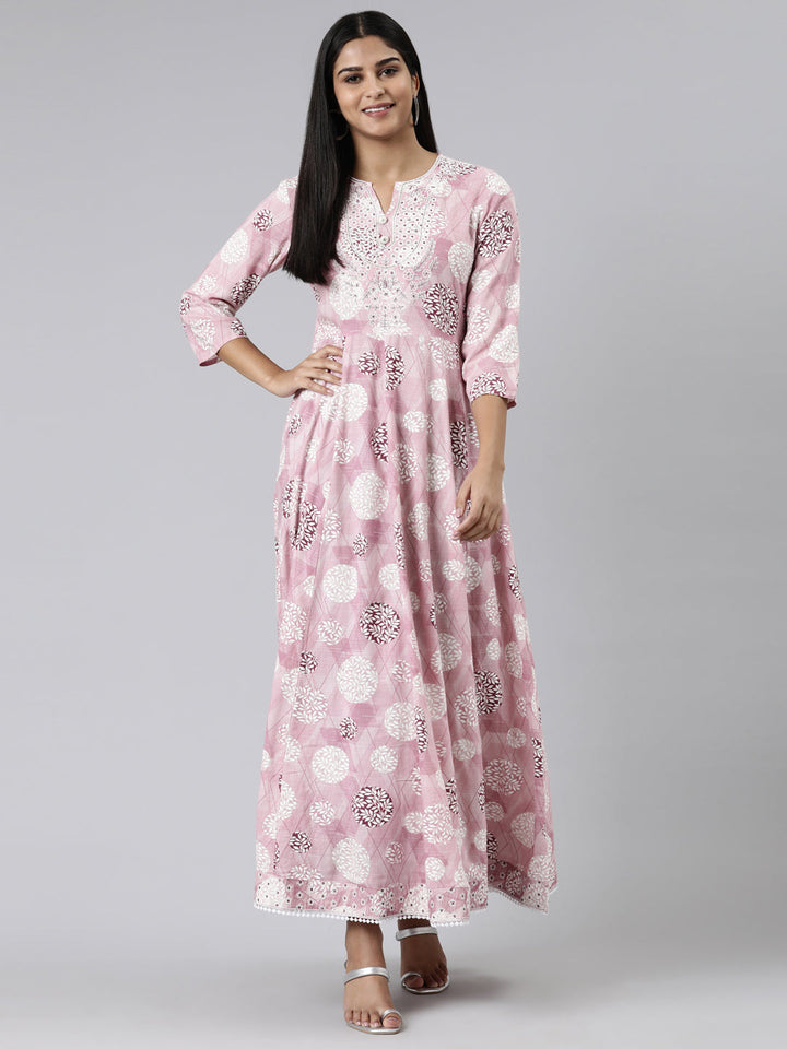 Neerus Pink viscose rayon printed kurti - front view