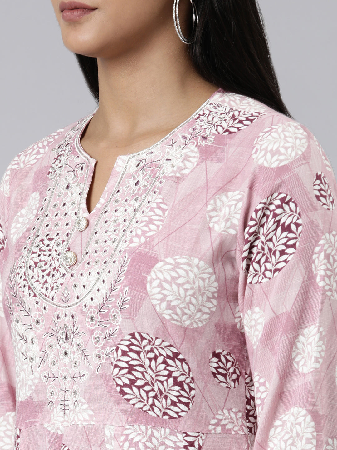 Neerus Pink viscose rayon printed kurti - detail view 1