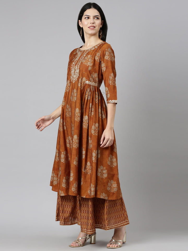 Neerus Gold printed straight sharara set with dupatta - back view