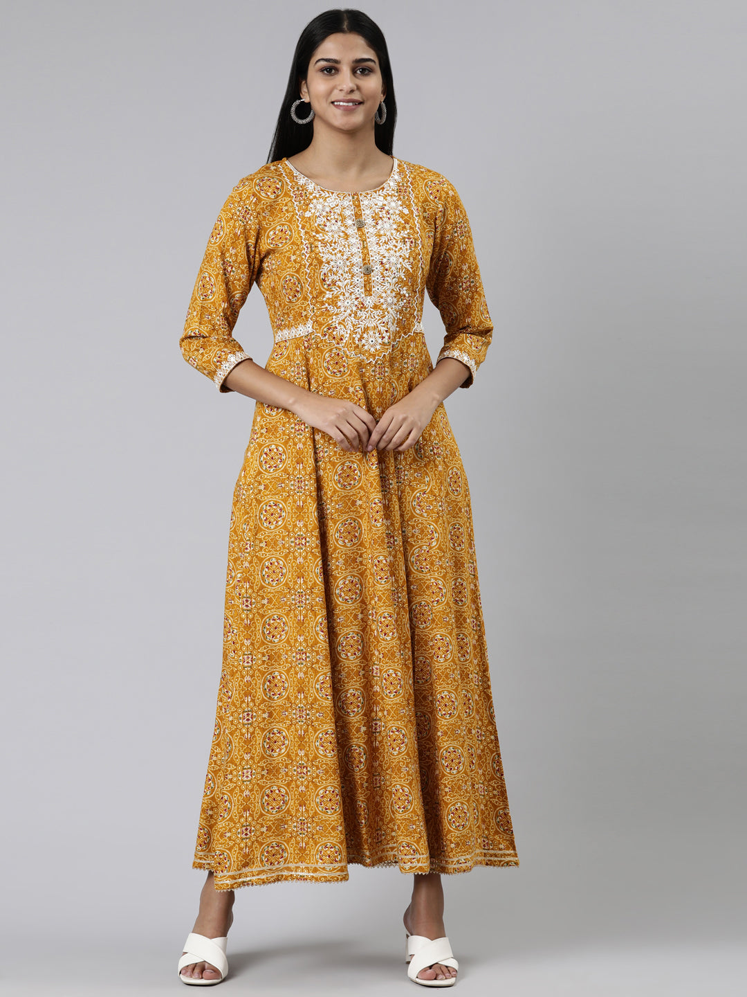 Neerus Yellow viscose rayon printed kurti - front view