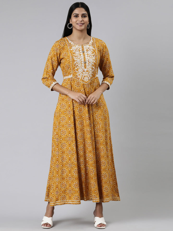 Neerus Yellow viscose rayon printed kurti - front view