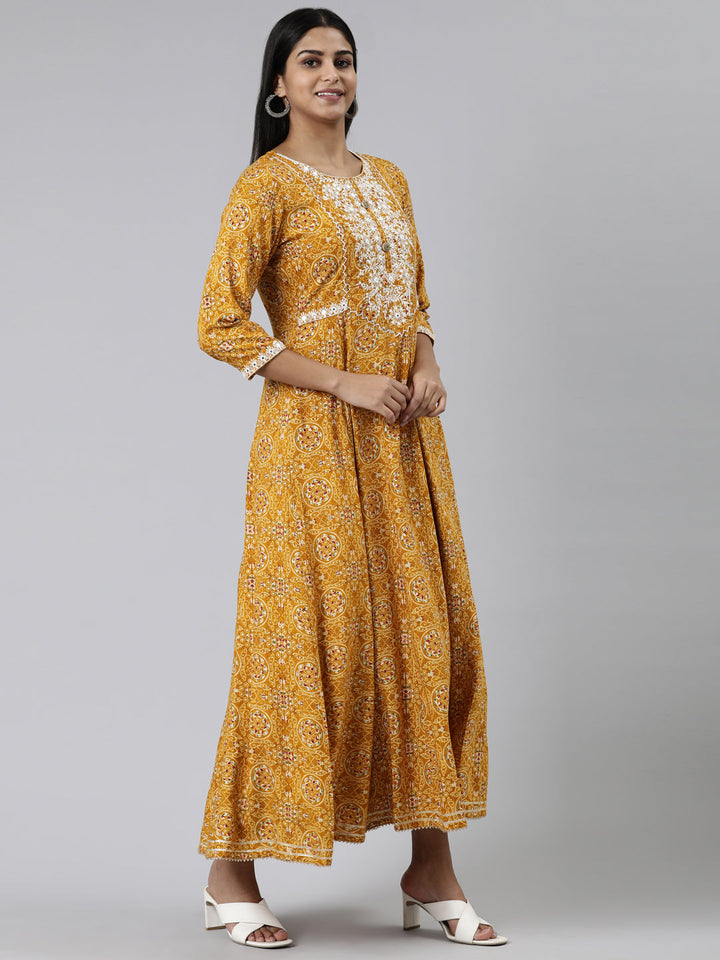 Neerus Yellow viscose rayon printed kurti - back view