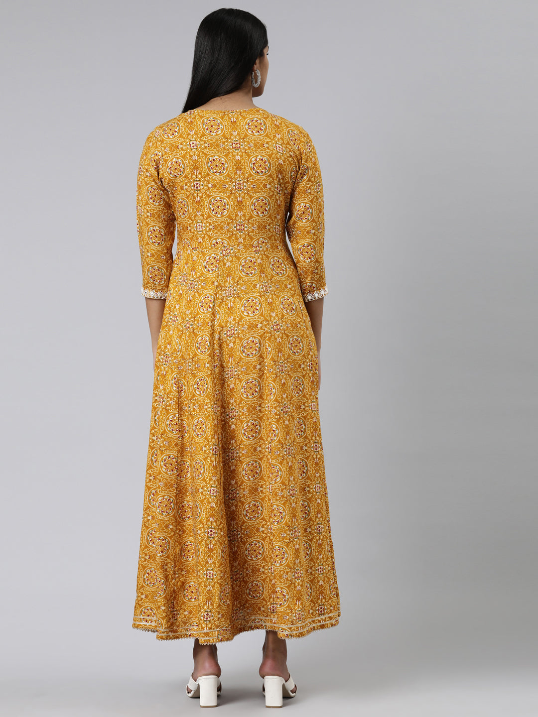 Neerus Yellow viscose rayon printed kurti - side view