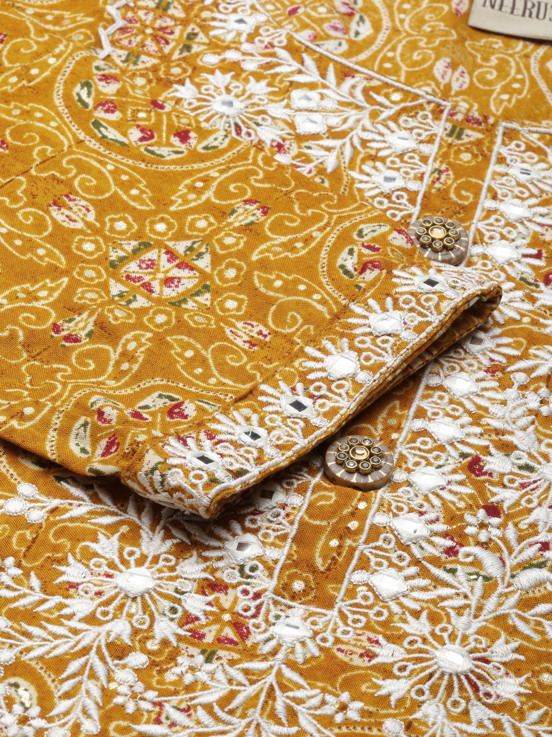 Neerus Yellow viscose rayon printed kurti - detail view 1