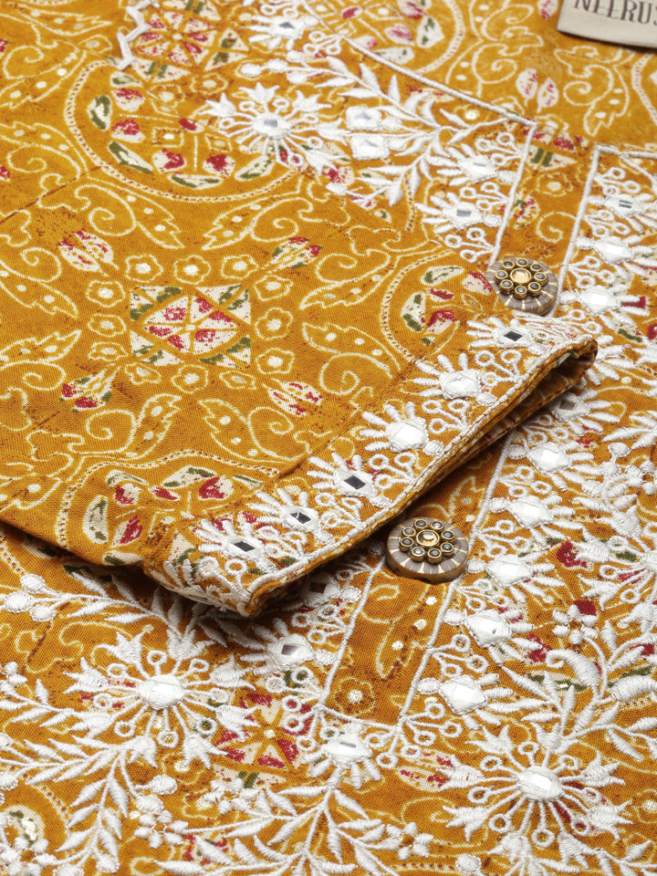 Neerus Yellow viscose rayon printed kurti - detail view 1