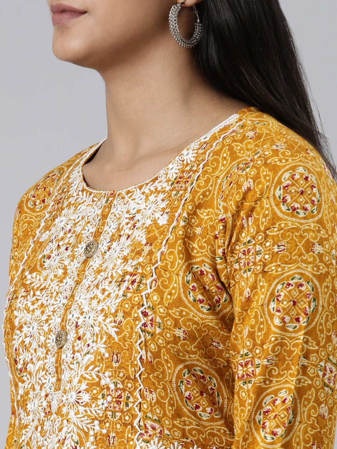 Neerus Yellow viscose rayon printed kurti - detail view 2