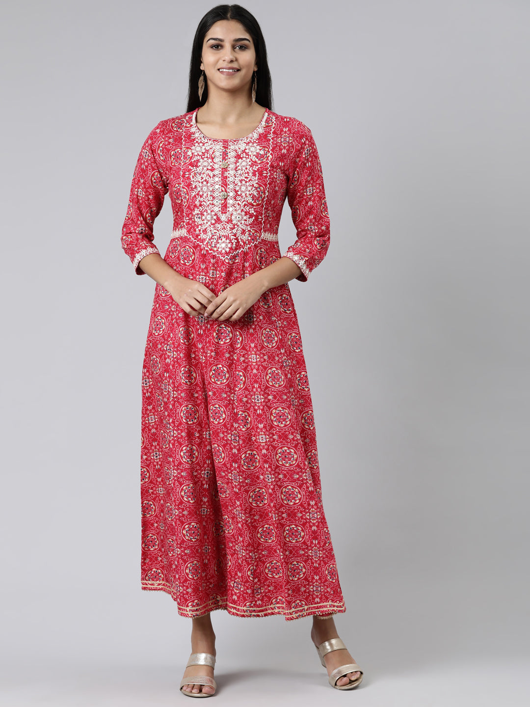 Neerus Pink viscose rayon printed kurti straight silhouette - front view