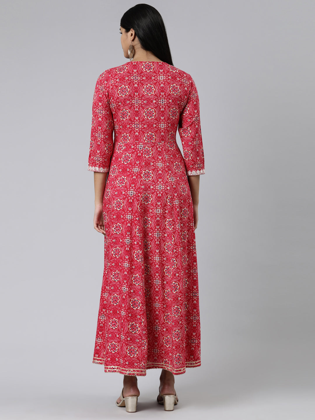 Neerus Pink viscose rayon printed kurti straight silhouette - side view
