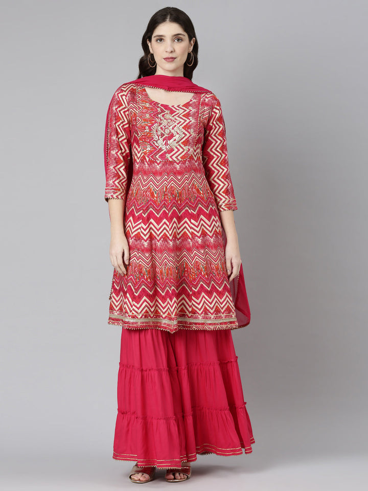 Neerus Purple printed straight kurta sharara set - front view