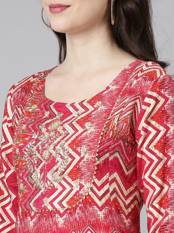 Neerus Purple printed straight kurta sharara set - detail view 1