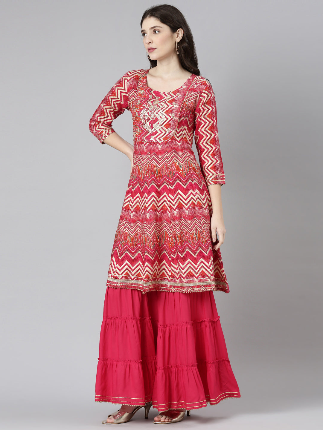 Neerus Purple printed straight kurta sharara set - back view