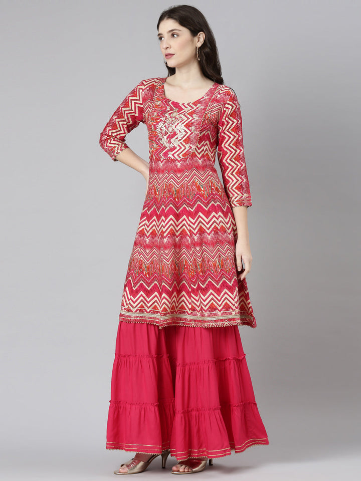 Neerus Purple printed straight kurta sharara set - back view