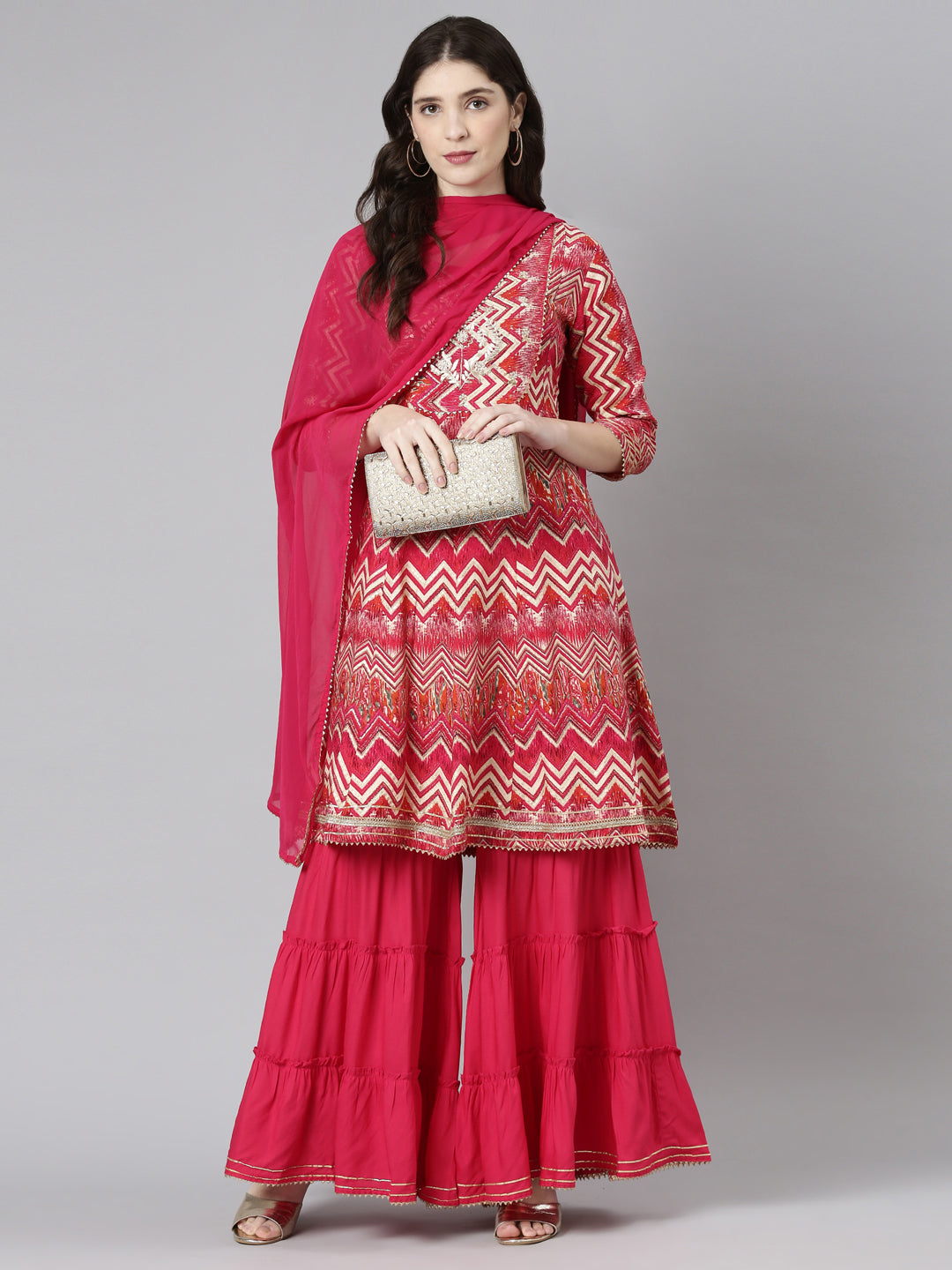 Neerus Purple printed straight kurta sharara set - detail view 2