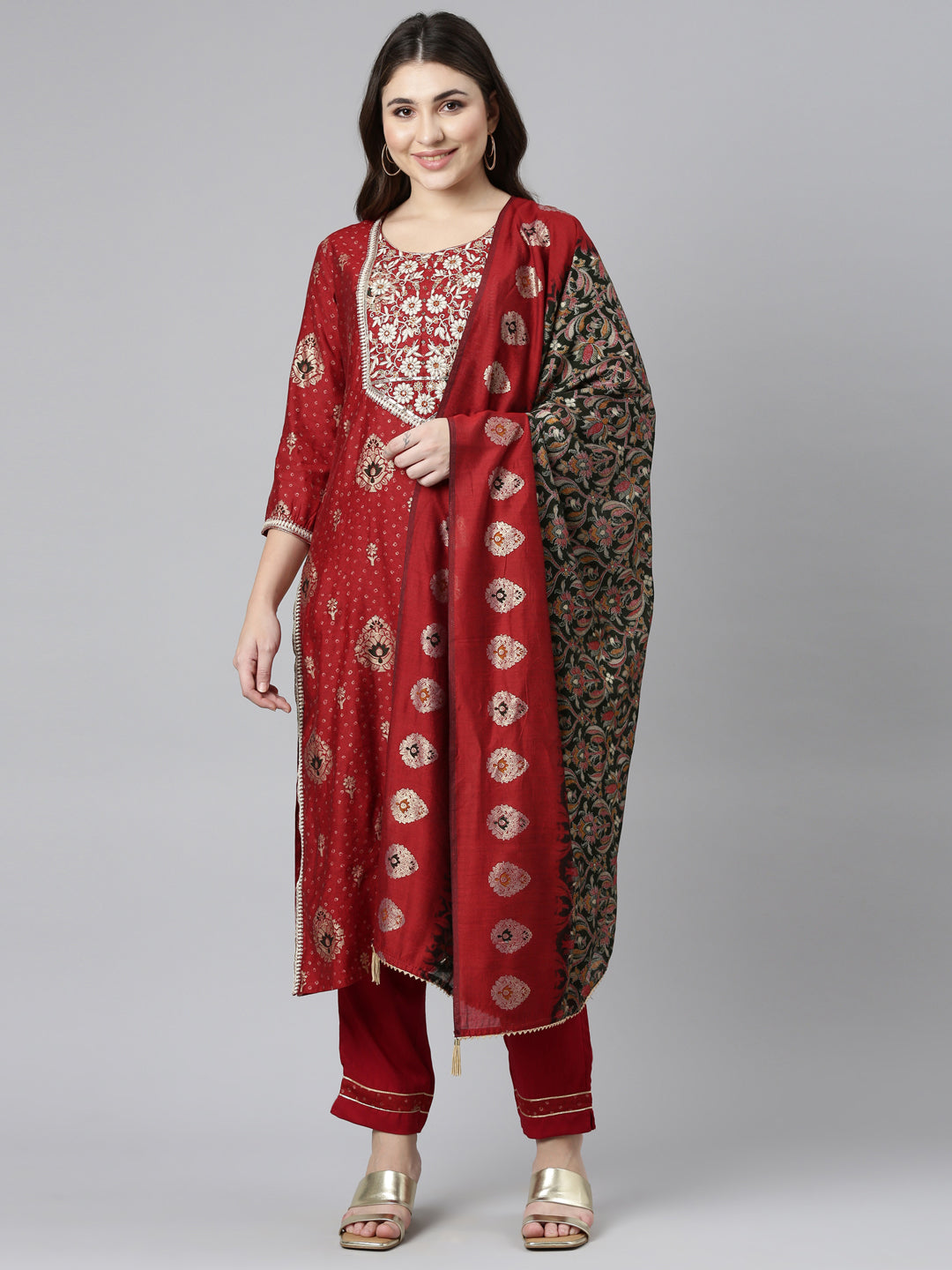 Neerus Red printed straight kurta set with dupatta - front view