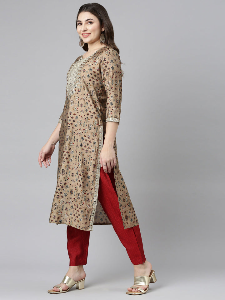 Neerus Beige printed straight kurta set with dupatta - back view