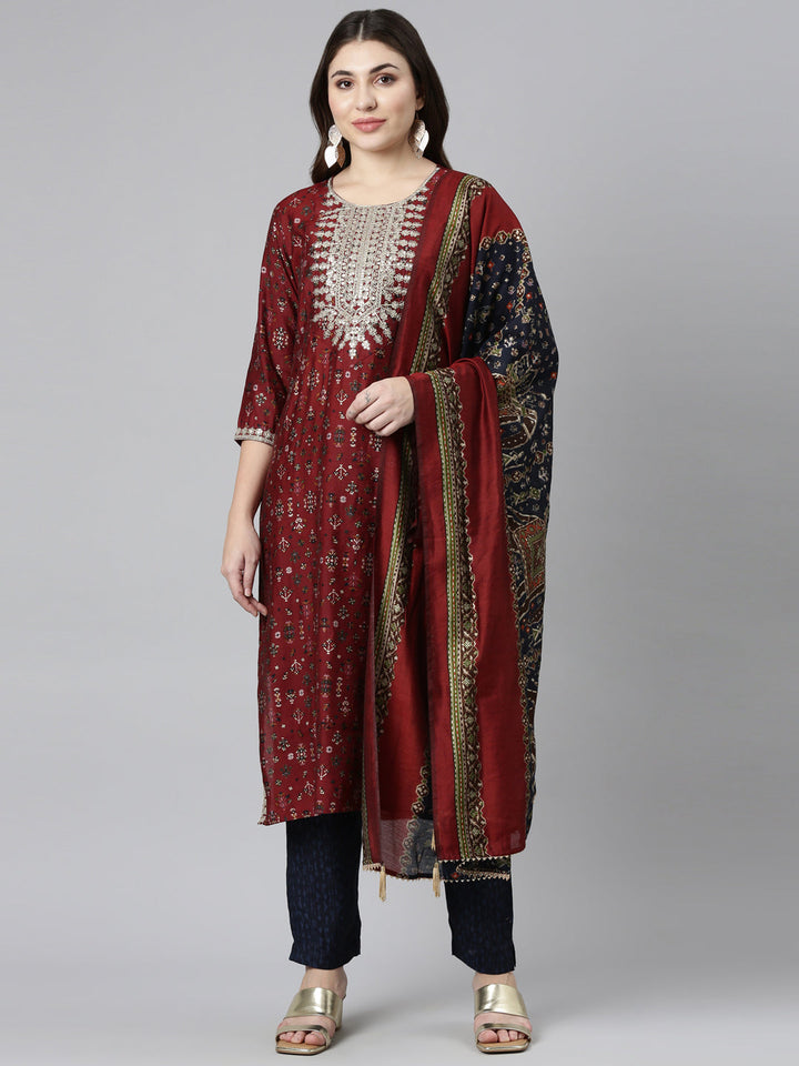 Neerus Maroon printed straight kurta set - front view