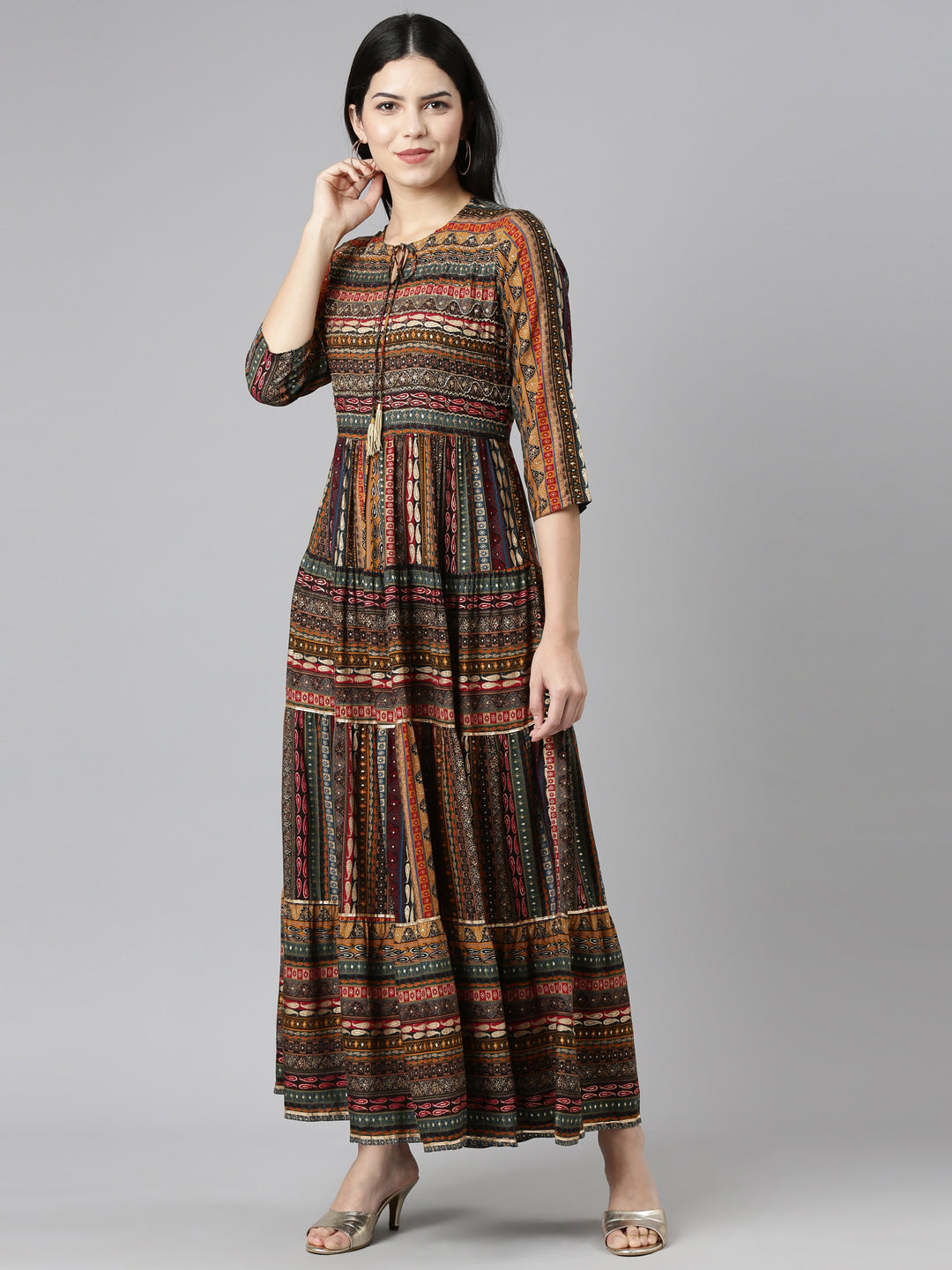 Neerus Black printed straight dress - front view