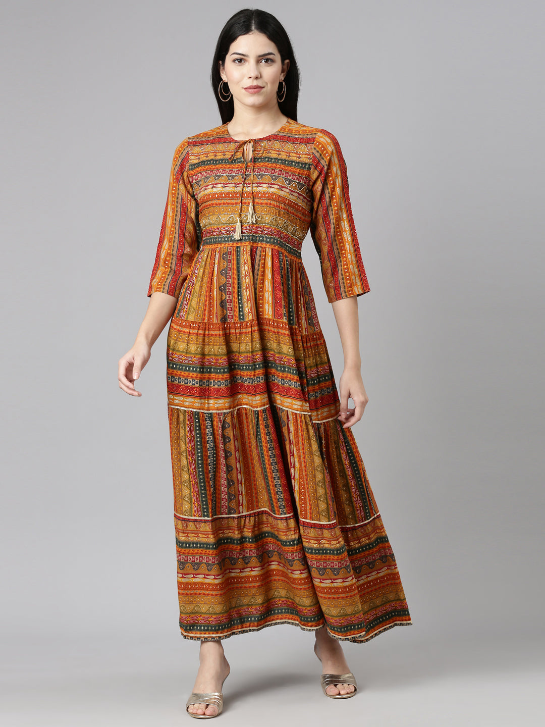 Neerus Yellow printed straight gown dress - front view