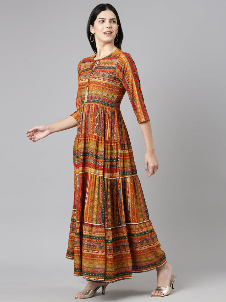 Neerus Yellow printed straight gown dress - back view
