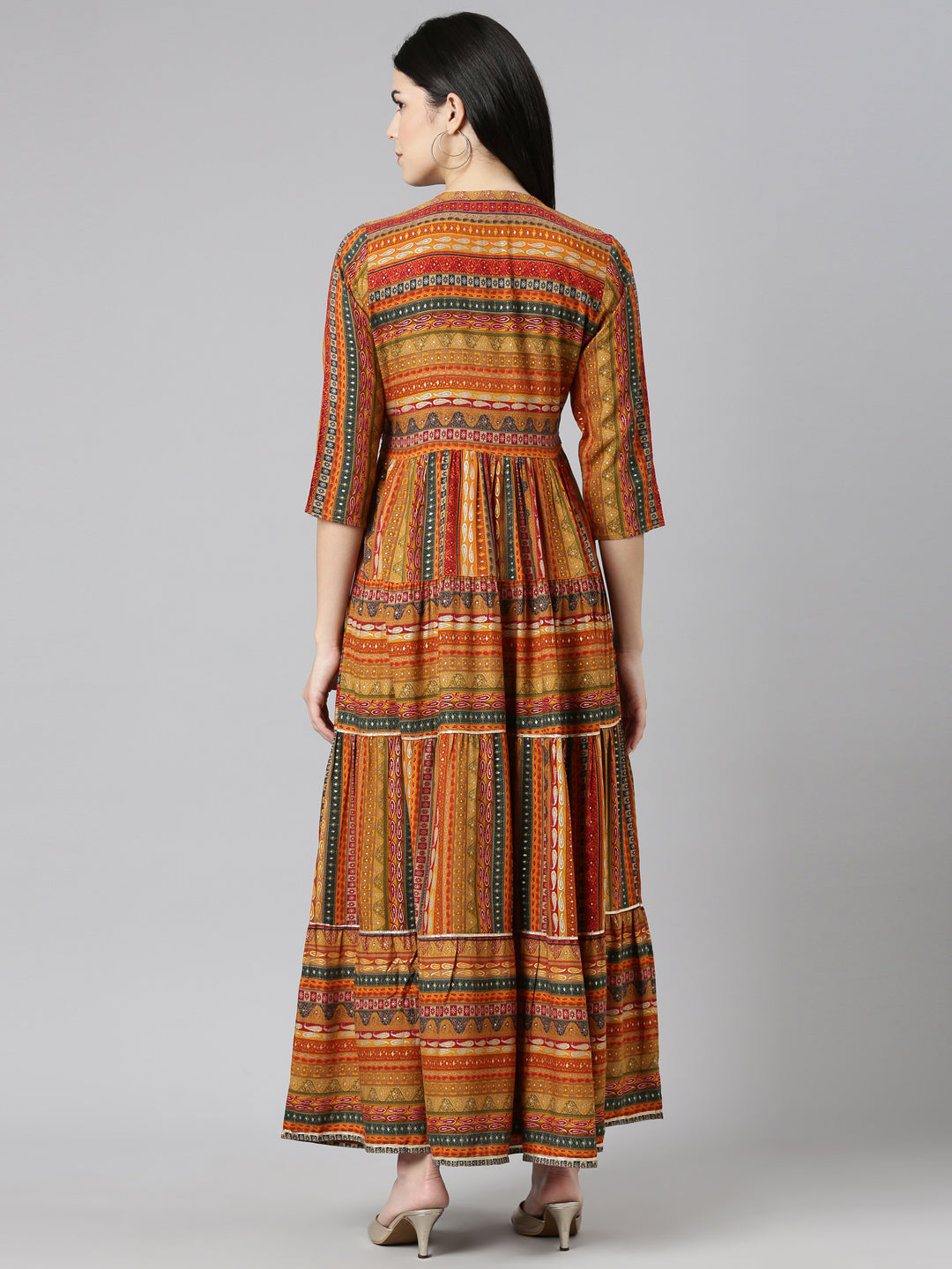 Neerus Yellow printed straight gown dress - side view