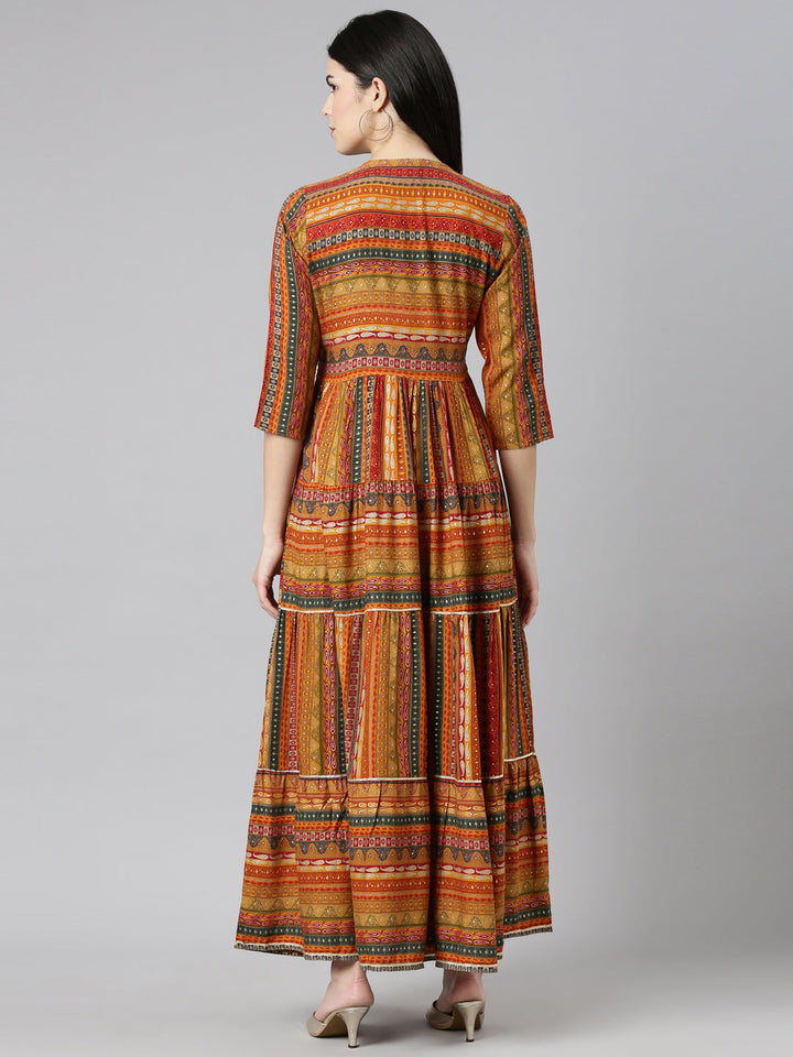 Neerus Yellow printed straight gown dress - side view