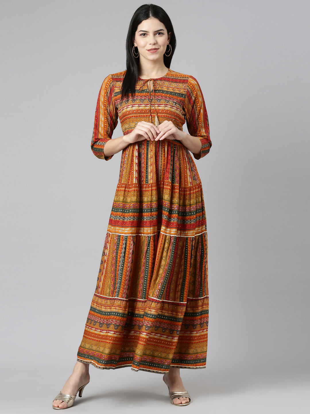 Neerus Yellow printed straight gown dress - detail view 2
