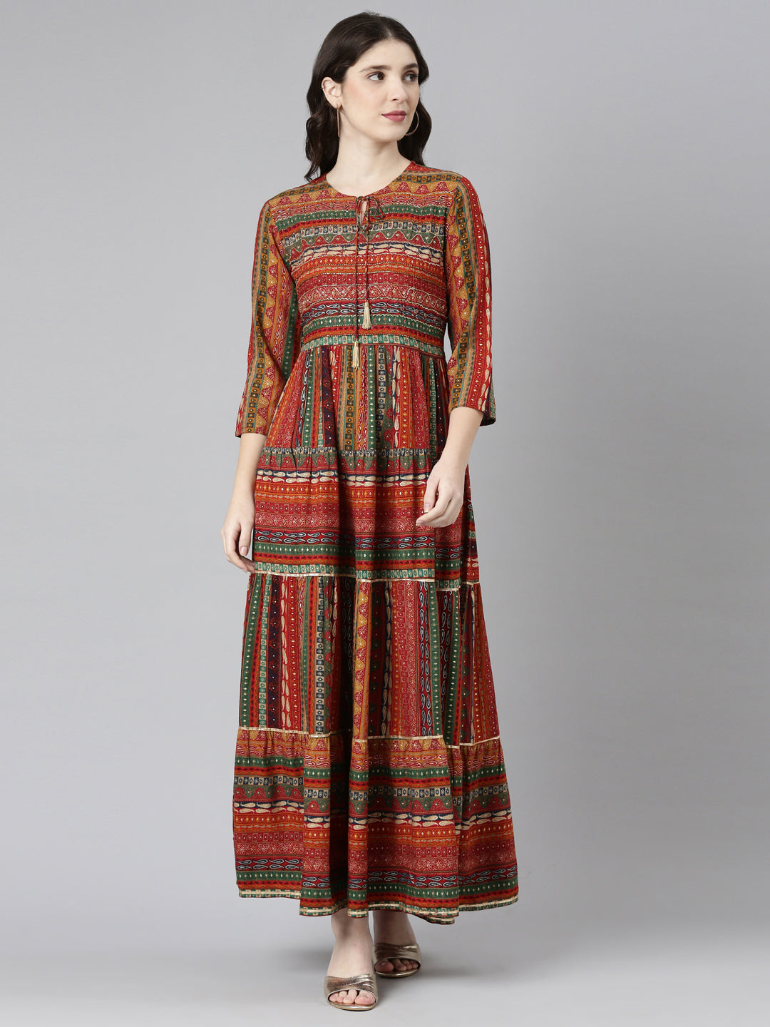Neerus Orange printed straight casual dress - front view