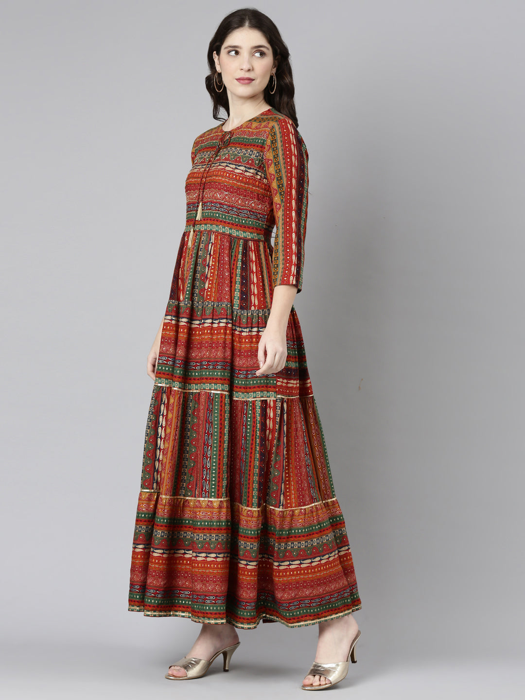 Neerus Orange printed straight casual dress - back view