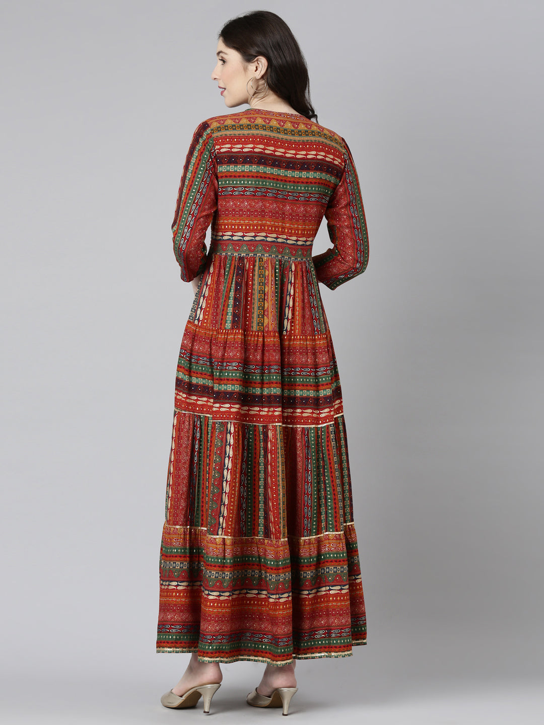 Neerus Orange printed straight casual dress - side view