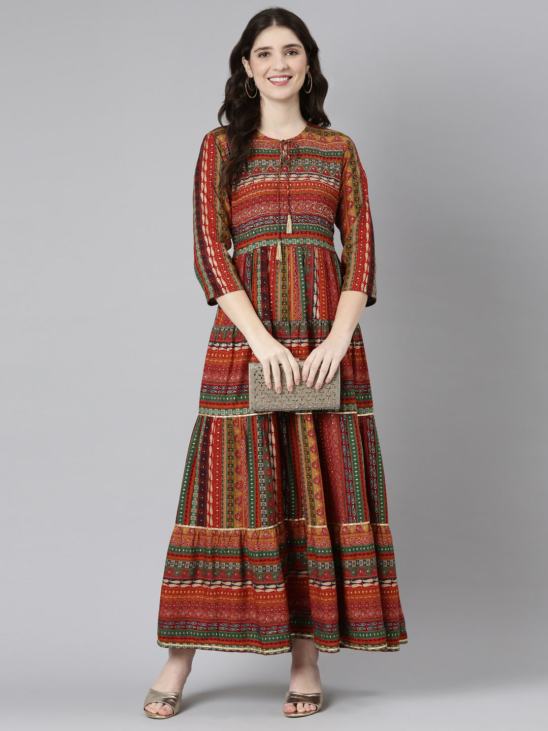 Neerus Orange printed straight casual dress - detail view 2