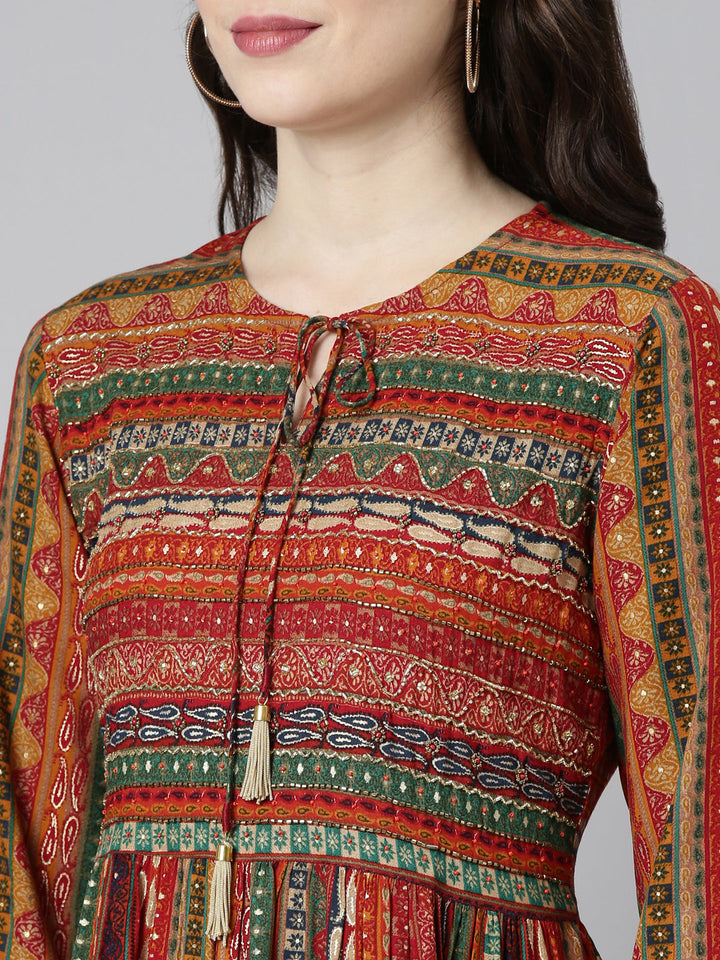 Neerus Orange printed straight casual dress - detail view 1