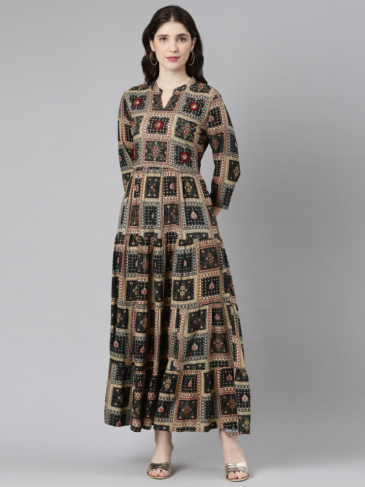 Neerus Black printed straight gown - front view
