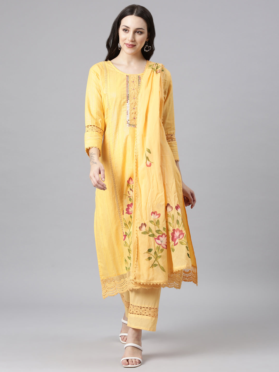 Neerus Orange cotton panelled straight kurta set - front view