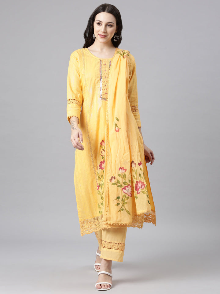 Neerus Orange cotton panelled straight kurta set - front view