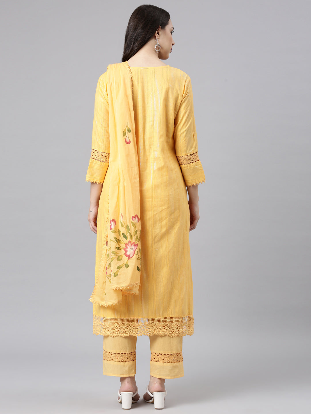 Neerus Orange cotton panelled straight kurta set - side view