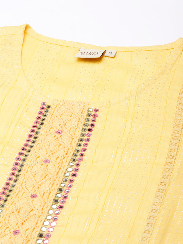 Neerus Orange cotton panelled straight kurta set - detail view 1