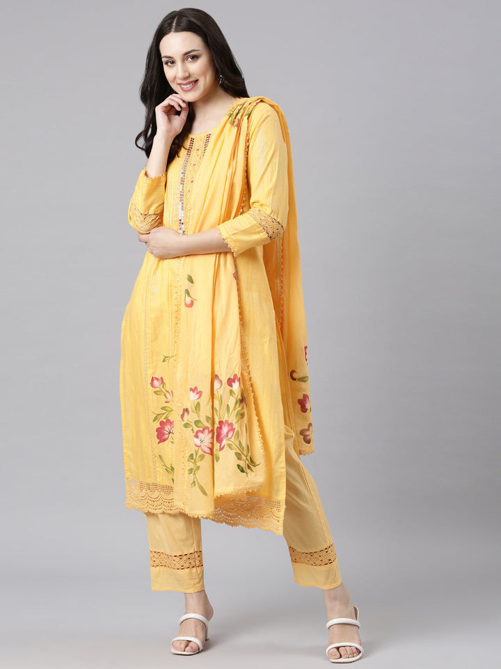 Neerus Orange cotton panelled straight kurta set - detail view 2
