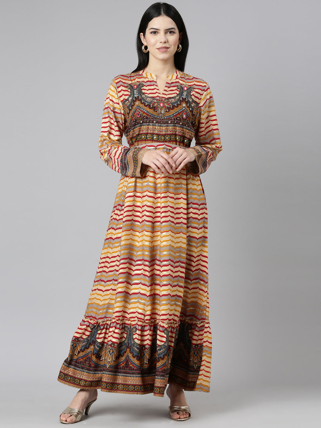 Neerus Yellow rayon printed straight dress - front view