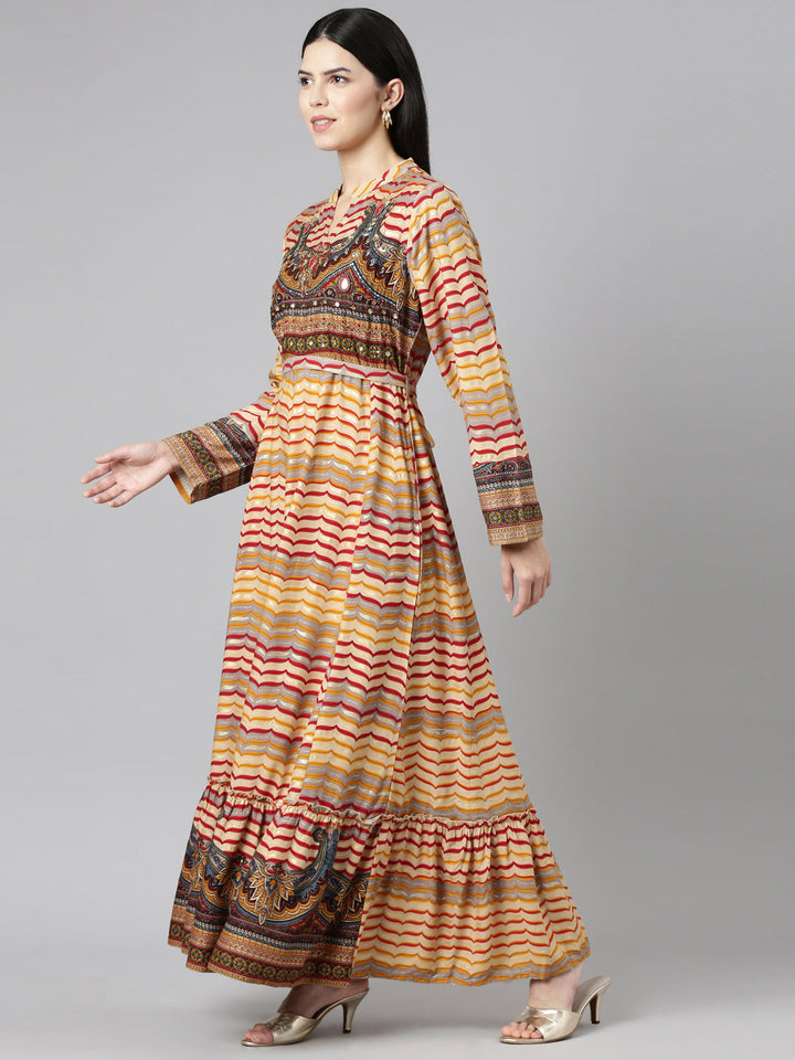 Neerus Yellow rayon printed straight dress - back view