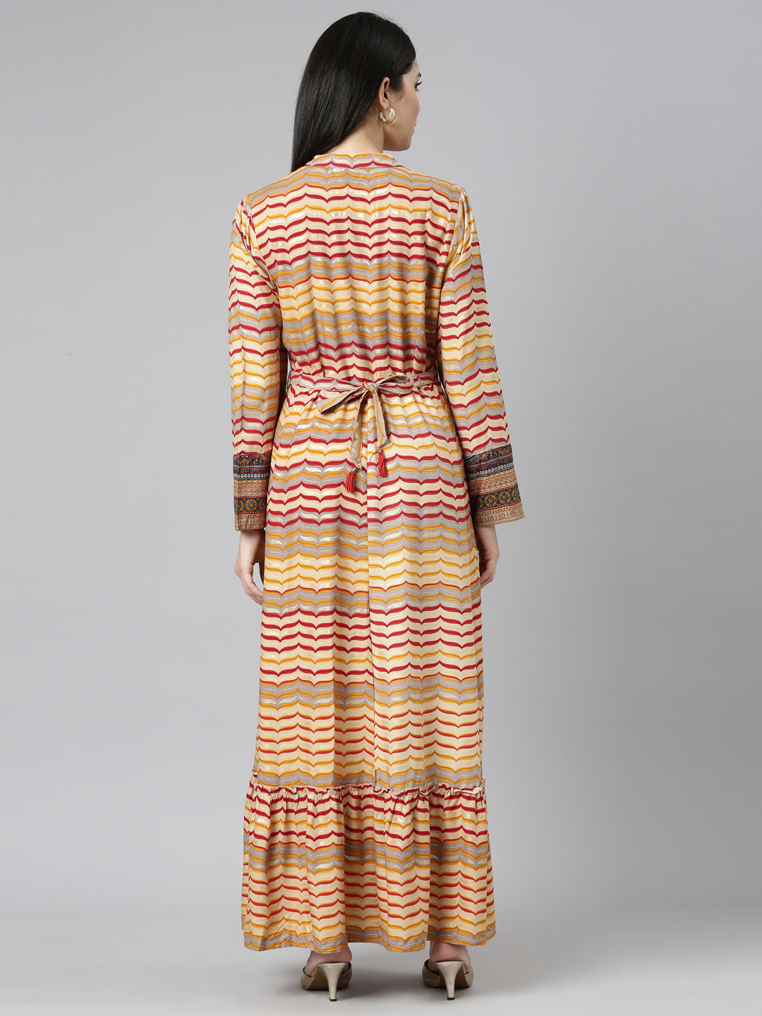 Neerus Yellow rayon printed straight dress - side view