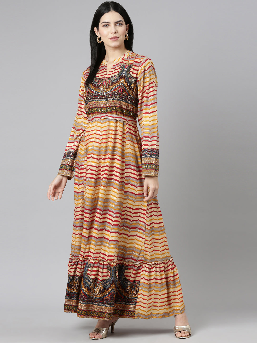 Neerus Yellow rayon printed straight dress - detail view 2