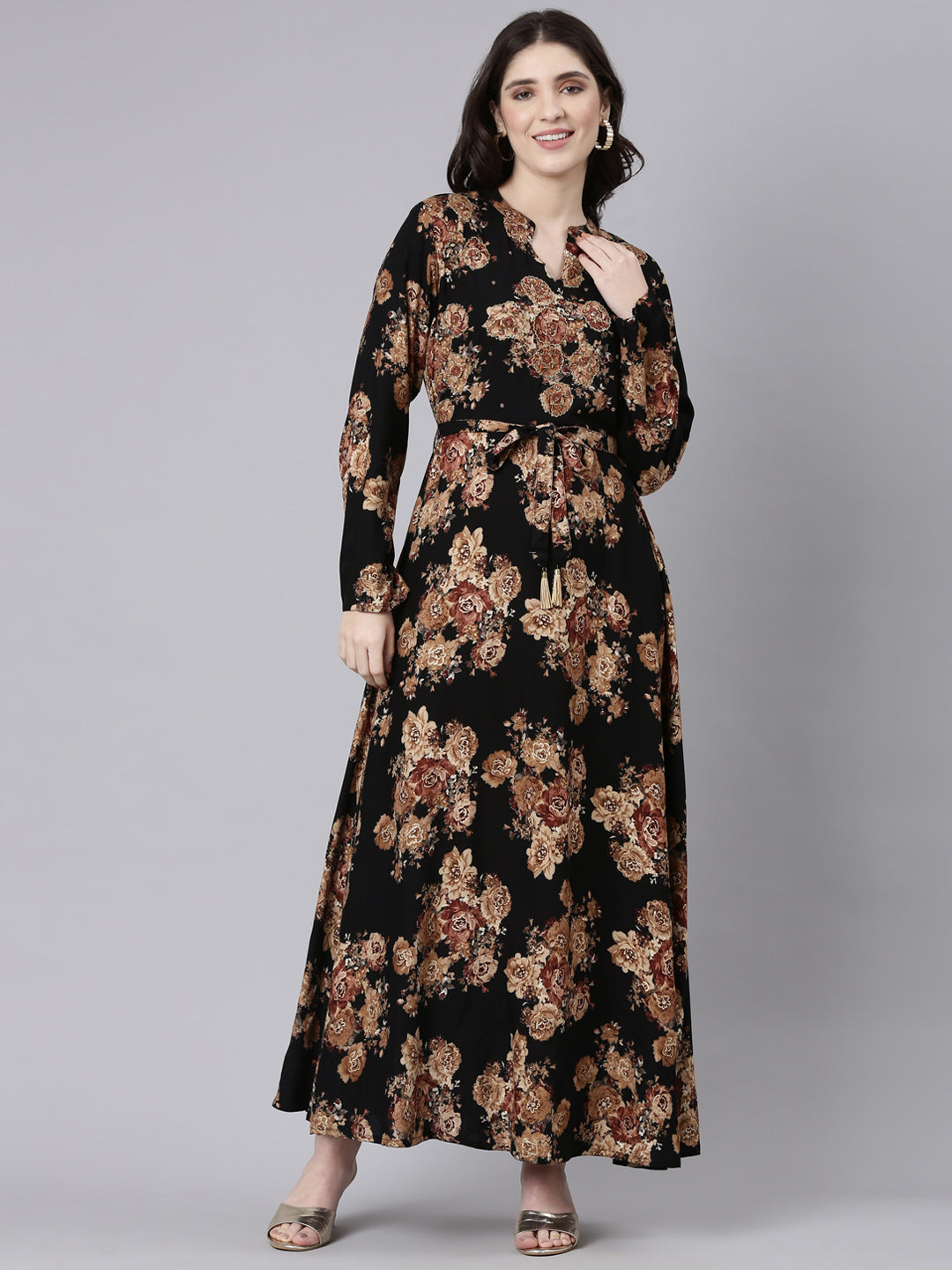 Neerus Black printed striped maxi dress - front view