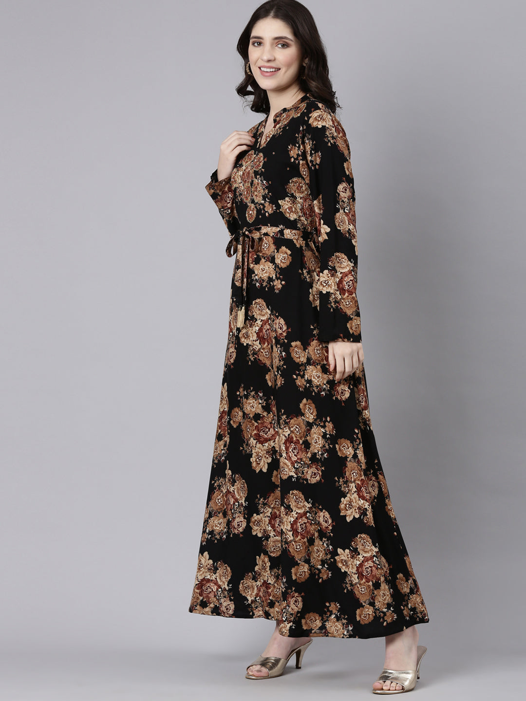 Neerus Black printed striped maxi dress - back view